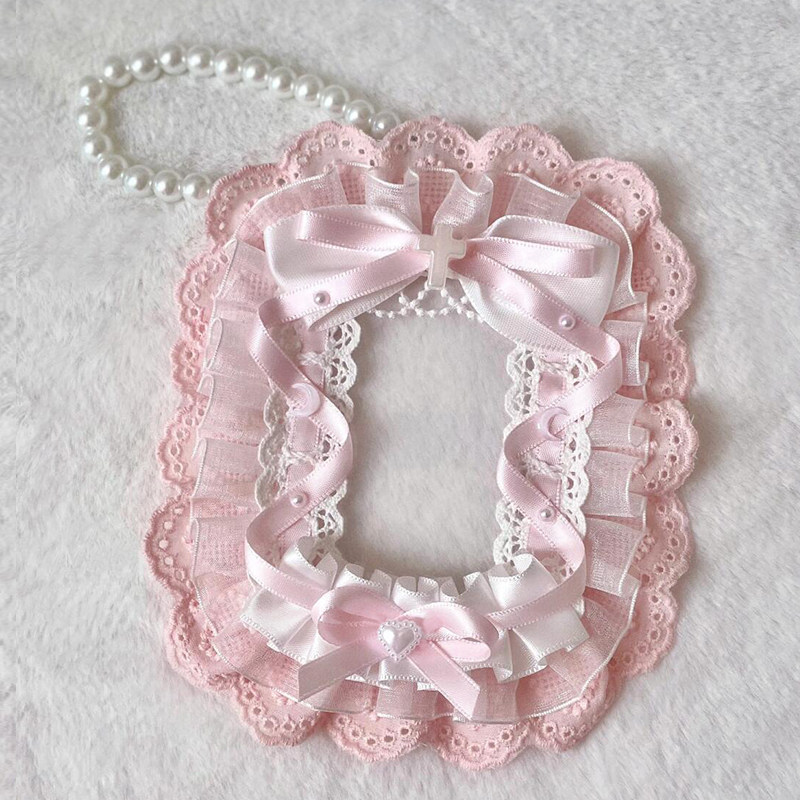 Original handmade DIY bow lace trim pink card holder, ins Lolita anime style bag charm card holder