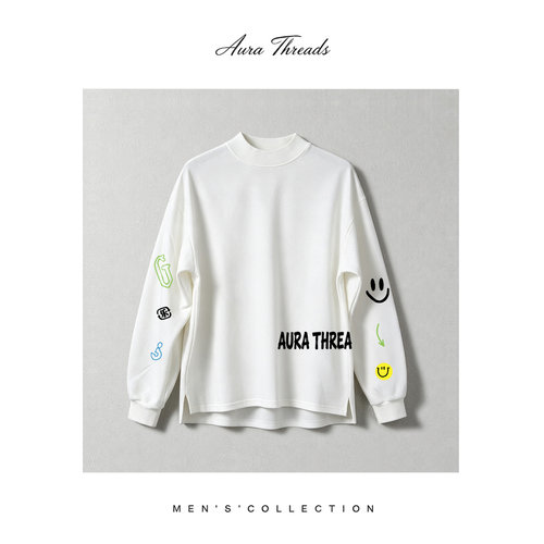 【品牌现货撤柜】AURA THREADS春秋趣味袖部笑脸涂鸦半高领卫衣男