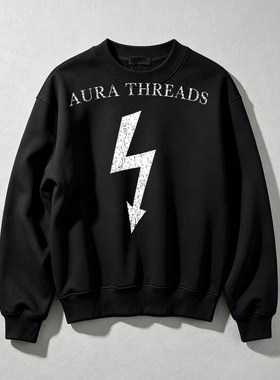 授权现货 Aura Threads 复古做旧闪电箭头印花黑色宽松圆领卫衣男