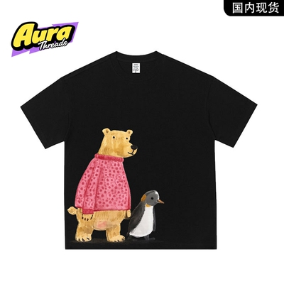 【品牌现货】AURA THREADS卡通熊企鹅印花短袖男女宽松纯棉上衣