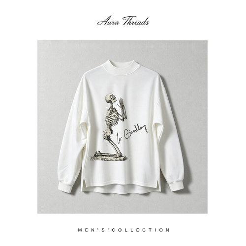 【品牌现货撤柜】AURA THREADS春秋素描骷髅手写英文半高领卫衣男