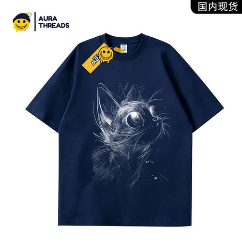 【品牌现货】AURA THREADS创意猫咪印花短袖T恤男女宽松圆领上衣