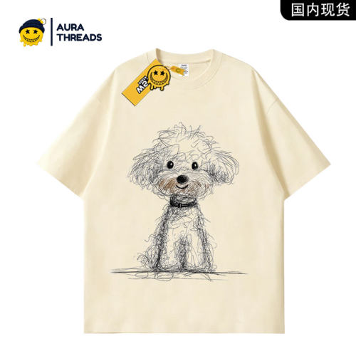 【品牌现货】AURA THREADS小狗印花短袖男女宽松纯棉落肩袖上衣