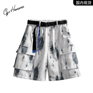 GP香港潮牌水墨风工装短裤男士夏季宽松休闲多口袋扎染直筒五分裤