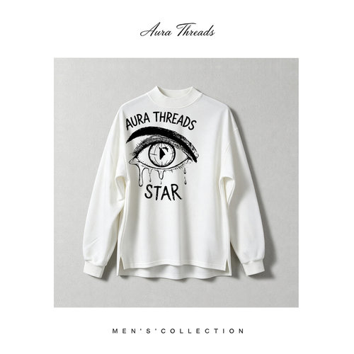 【品牌现货撤柜】AURA THREADS春秋美式手绘眼睛涂鸦半高领卫衣男