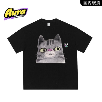 【品牌现货】AURA THREADS夏季趣味猫咪印花T恤男女宽松纯棉上衣