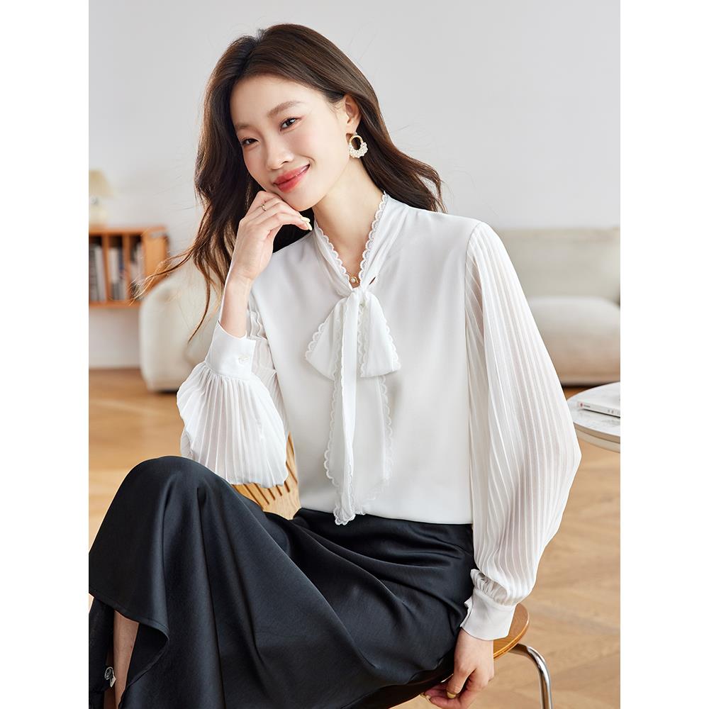 ROUMIKL蝴蝶结白色衬衫上班服女春秋新款欧货飘带领宽松洋气雪纺