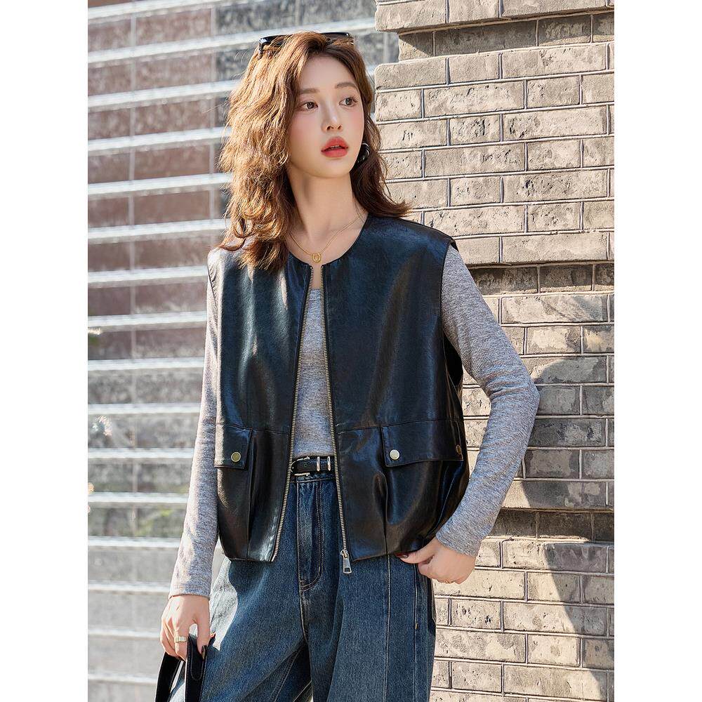 ROUMIKL高级感宽松PU皮马甲女2025春秋新款坎肩廓形显瘦无袖背心
