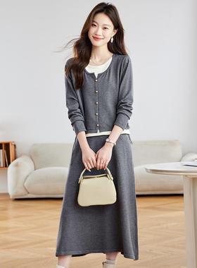 ROUMIKL高级灰色针织套装女2025秋季新款假两件撞色上衣长款半身