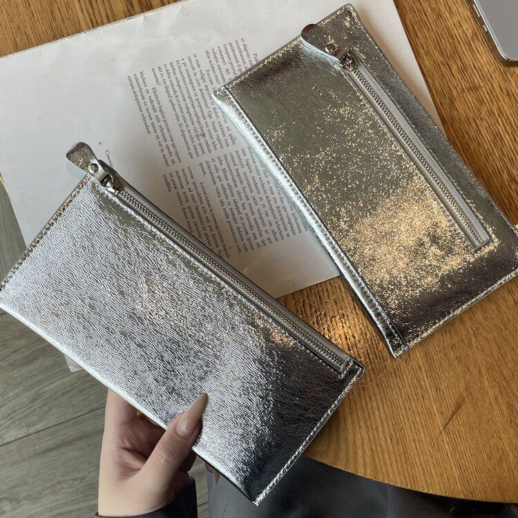 真皮时尚女士长款钱包2025新款头层牛皮纯银色创意手机包简约大气