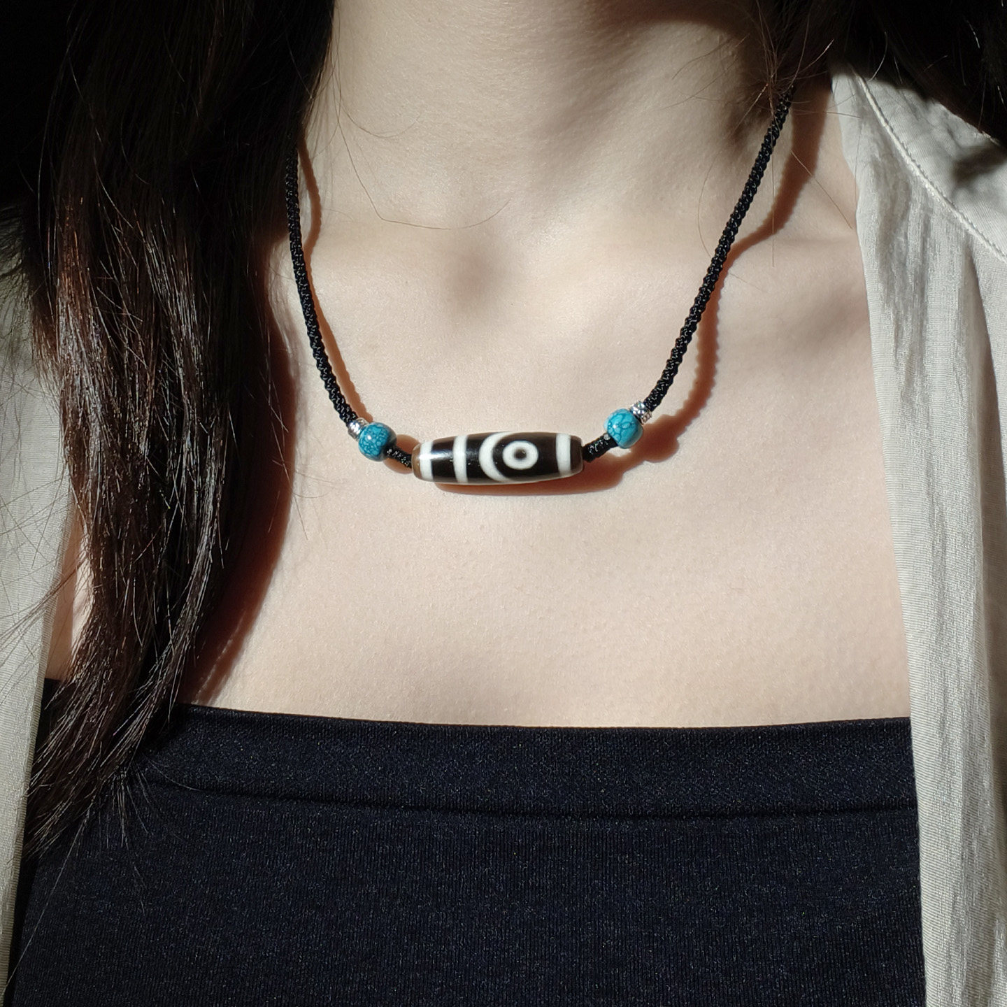 如意二眼天珠项链男女天然西藏真品玛瑙可拉伸调节横穿文玩毛衣链