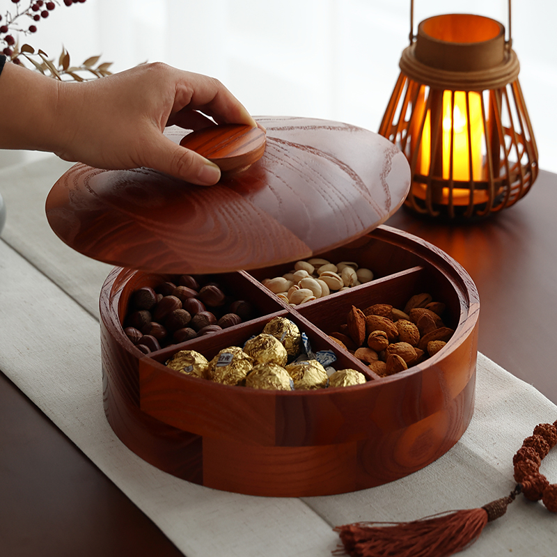 复古带盖香椿木家用果盘喜糖坚果多格收纳盒创意密封木质坚果木盘