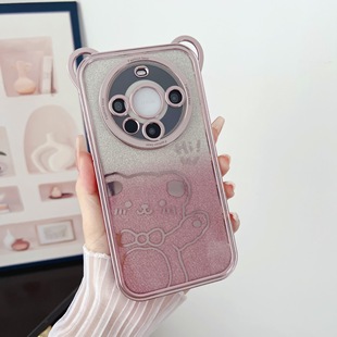 适用华为mate60pro 手机壳mate60电镀耳朵线条小熊挂绳mate60pro透明渐变闪粉高级感硅胶m30镜头全包女 新款