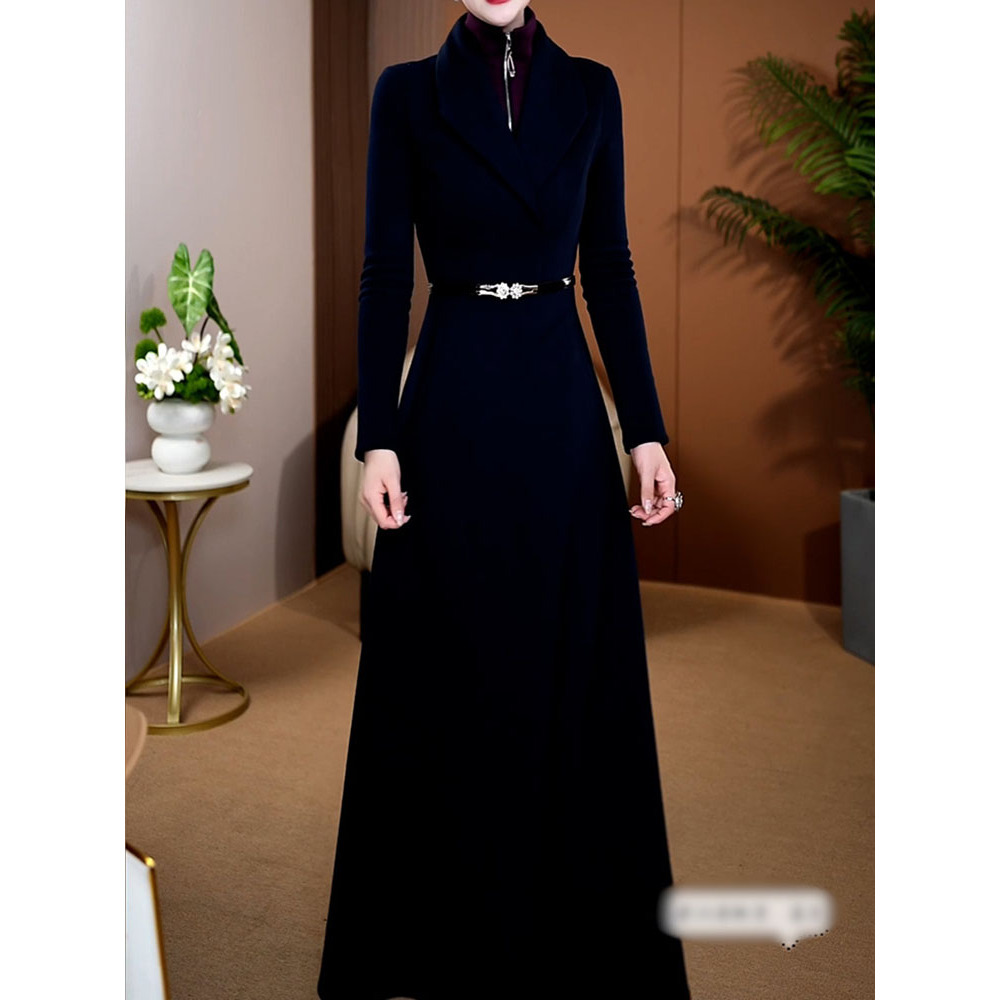 送腰带!时尚洋气通勤加绒连衣裙秋冬新款轻奢阔太太显瘦A字裙7993