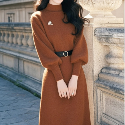 法式气质名媛高端女神范高级感富家千金咖色针织内搭连衣裙子秋冬