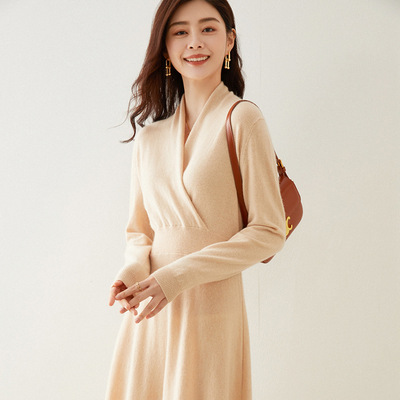 羊绒裙秋冬羊绒连衣裙交叉领长款毛衣裙修身针织打底裙气质通勤