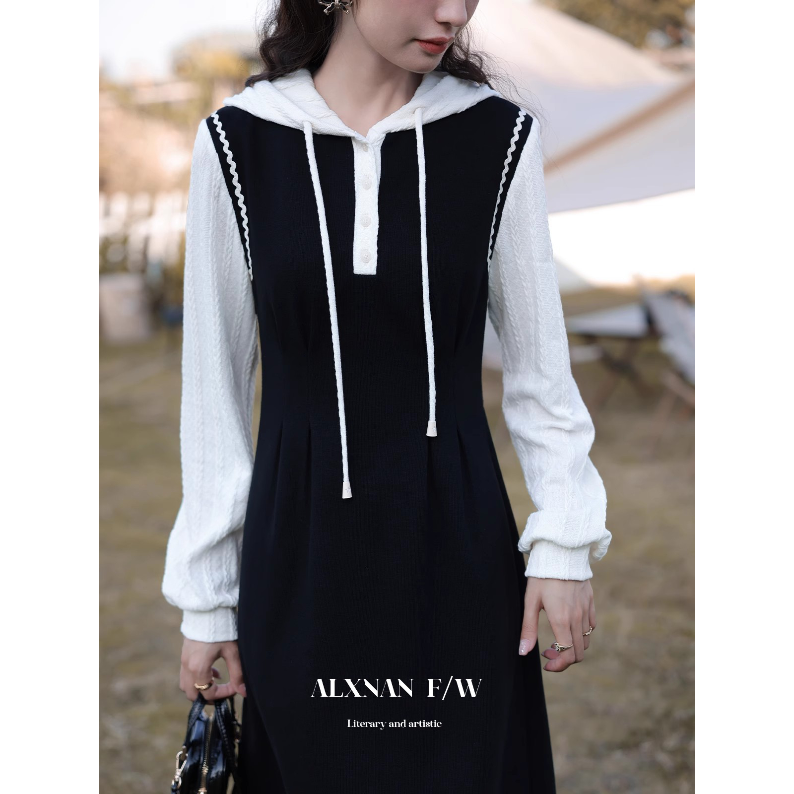 有 假两件套时尚中长款针织羊毛衫裙木耳花边立领