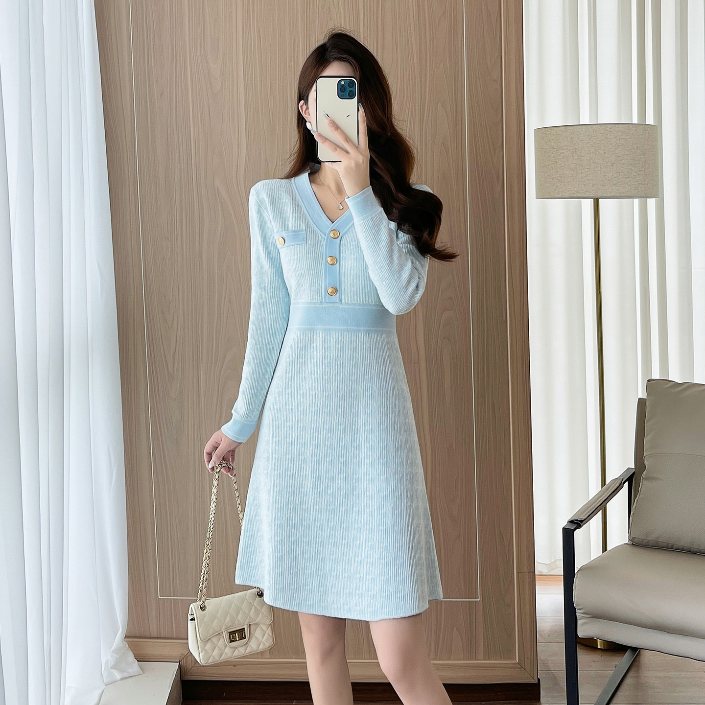 名媛小香风针织连衣裙女秋冬季气质中长款v领毛衣裙内搭打底A字