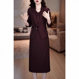 2025春秋新款妈妈婚宴礼服套装裙子长袖高档小西装两件套连衣裙女