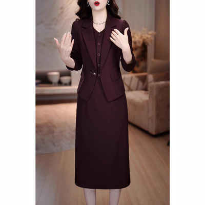 2025春秋新款妈妈婚宴礼服套装裙子长袖高档小西装两件套连衣裙女