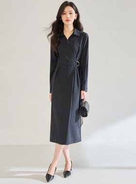 25秋季优雅气质通勤收腰显瘦衬衫翻领不对称斜襟长袖连衣裙25565