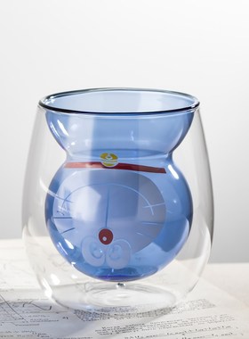 蓝色双层卡通玻璃杯n耐热玻璃水杯家用咖啡杯创意伴手礼隔热杯奶
