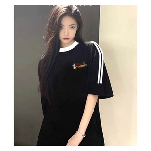 t恤女2025新款 爆款 纯棉短袖 夏季 上衣 条纹设计感小众美式 宽松半袖