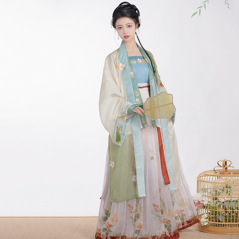 青渊原创汉服女宋制齐腰襦裙绣花褙子对襟衫飞机袖日常春夏季森语