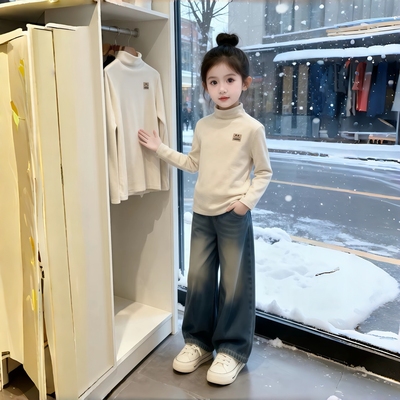 德绒半高领打底衫男女童内搭2025年冬新款加绒加厚长袖t恤女上衣