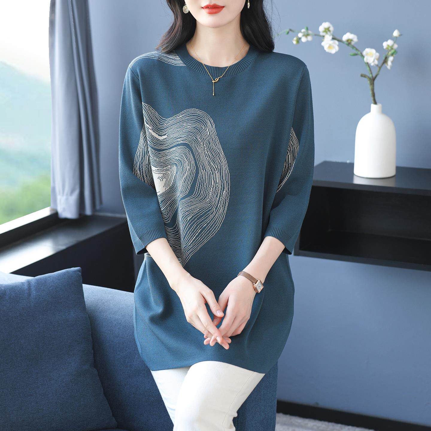 JOYIASS中长版七分袖针织打底衫2025早秋新款女装宽松洋派妈妈遮
