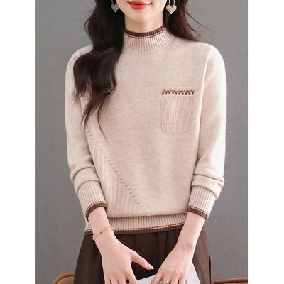 JOYIASS假口袋半高领毛衣女秋冬季2025新款高级感针织打底衫加厚