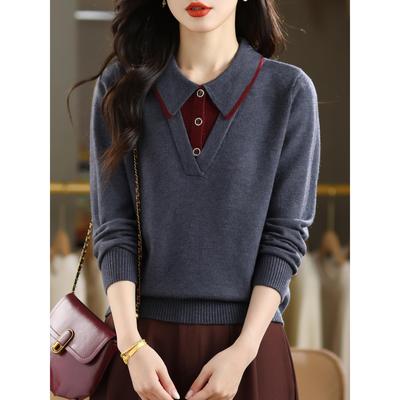JOYIASS翻领假两件拼色毛衣女秋冬2025新款高级感针织打底衫洋气