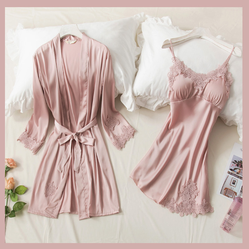 粉色睡衣女性感火辣可爱冰丝绸睡裙两件套装吊带睡裙浴袍夏季睡袍