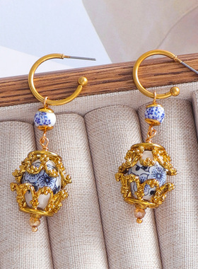 National style blue and white porcelain metal earrings ladie