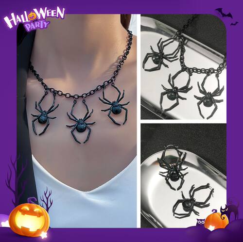 Halloween dark black glittery spider necklace and earrings