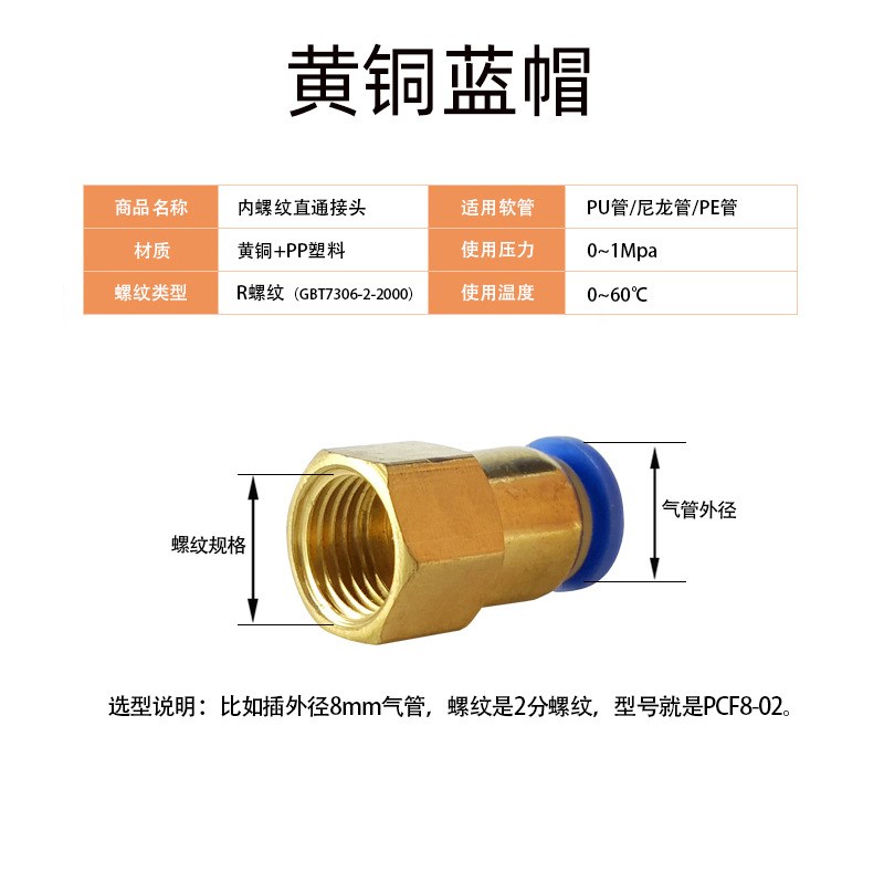 气动气管快速接头PCF8-02内螺纹直通软管快插气嘴4-M5Q 6-01 10-0