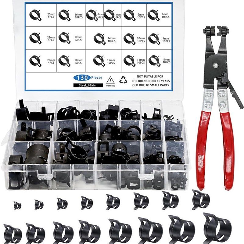 130pcs 黑n色达克罗日式卡箍配工具弹簧带软管夹带旋转