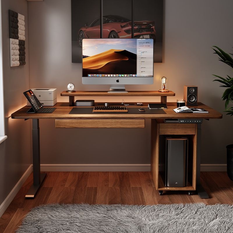 纯实木电动升降桌电脑桌办公桌智能双电机工作台胡桃木色学习书桌