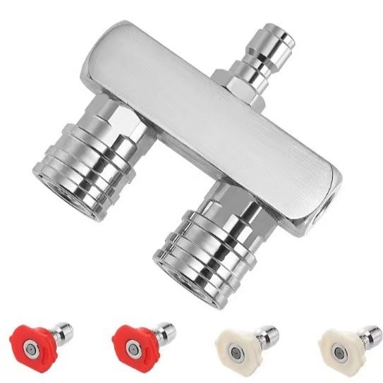 高压清洗机双喷头转接杆一分二双头洗车两位不锈钢双排1/4自锁头