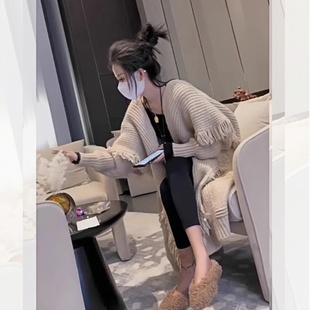 MONLOUVE慵懒风流苏针织开衫女秋冬宽松中长款毛衣外套小个子