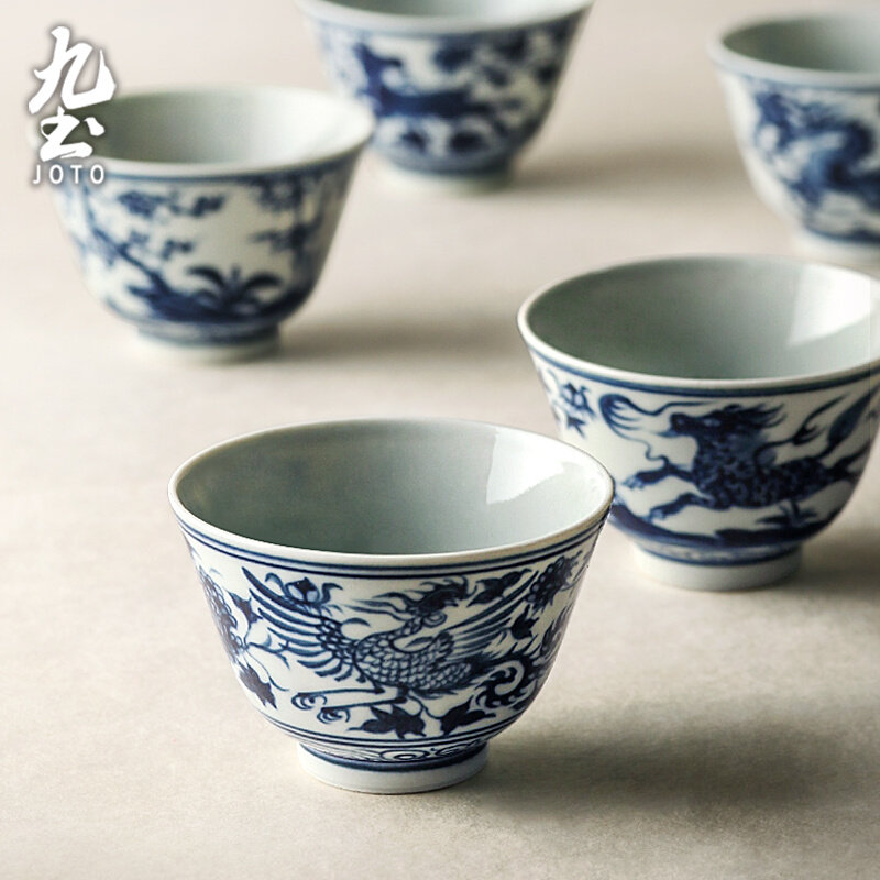 九土手绘青花品茗杯景德镇手工陶瓷仿古小茶杯主人杯功夫茶道单杯