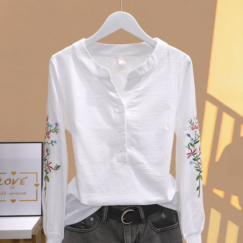 简约田园风纯棉V领百搭长袖衬衫