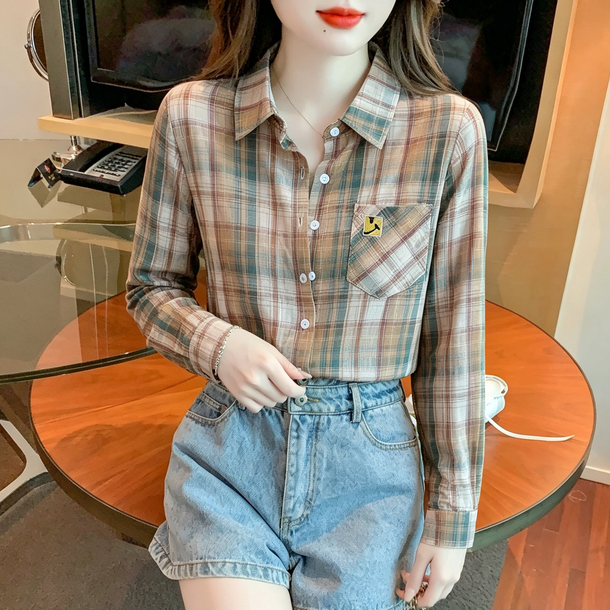 复古格子衬衫女长袖polo领上衣图片