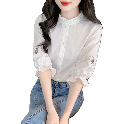 设计感七分袖纯棉镂空刺绣女衬衫