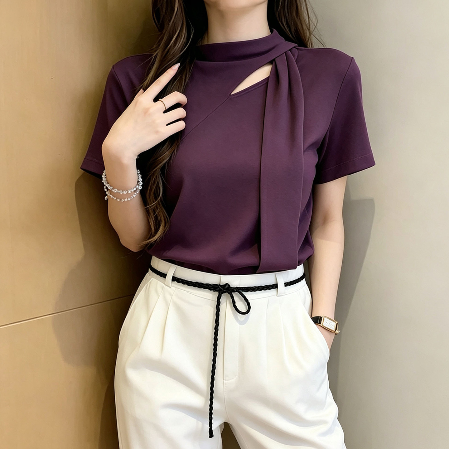 设计感镂空绑带T恤女短袖夏独特漂亮别致紫色上衣个性洋气体恤衫