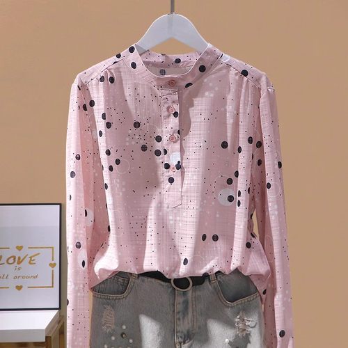 长袖雪纺衬衫立领圆点直筒上衣