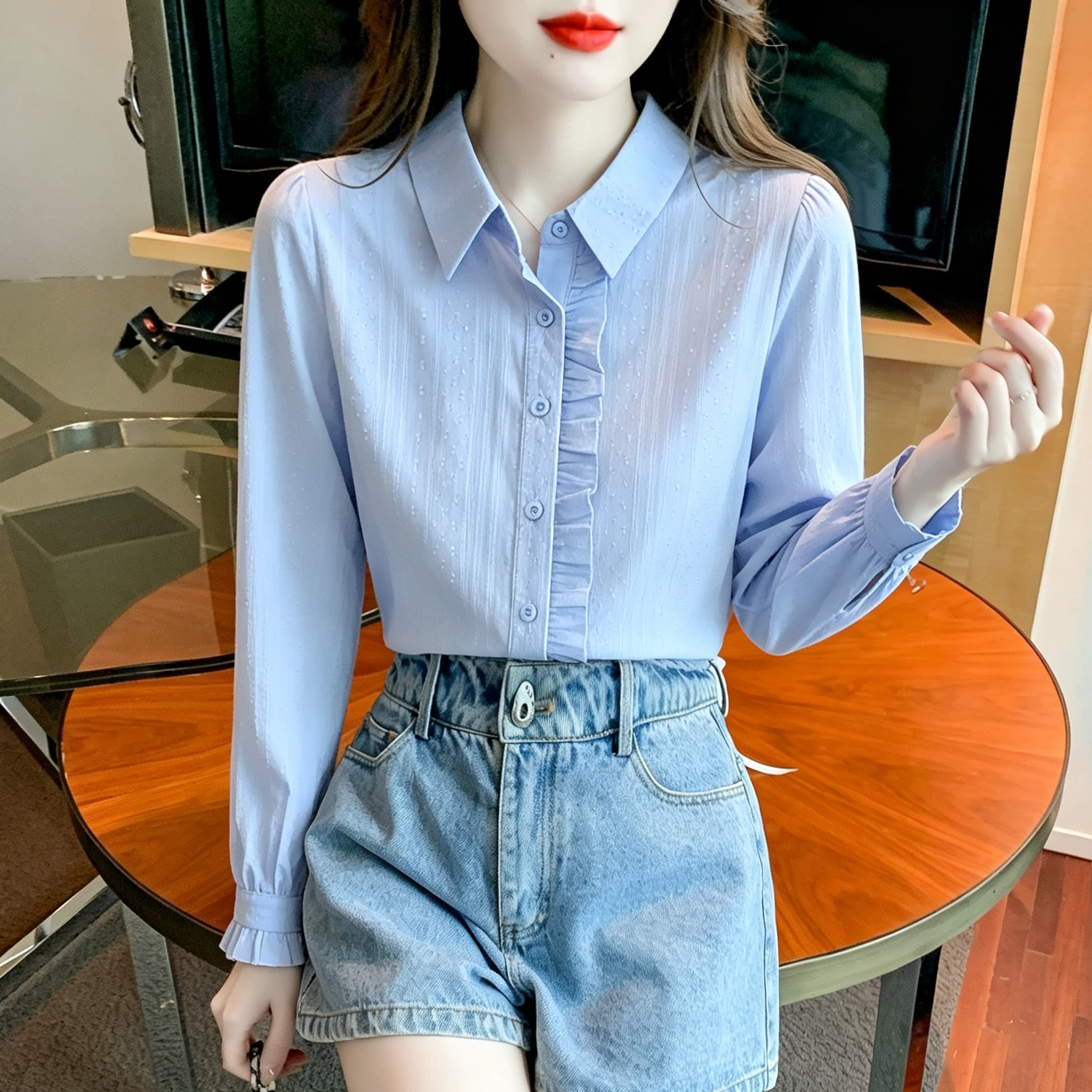 打底木耳边衬衫女长袖棉布上衣图片