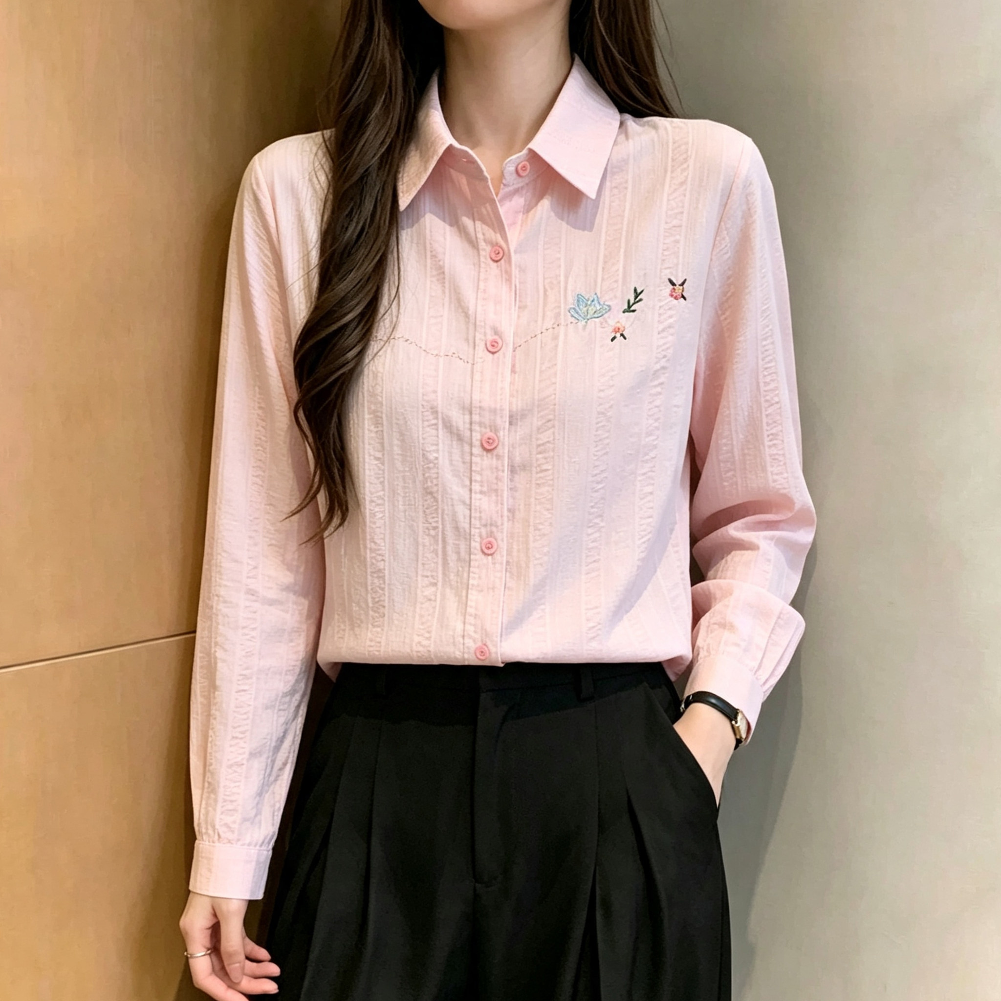 甜美淑女风刺绣衬衫女长袖粉色棉布洋气百搭设计感上衣时尚衬衣