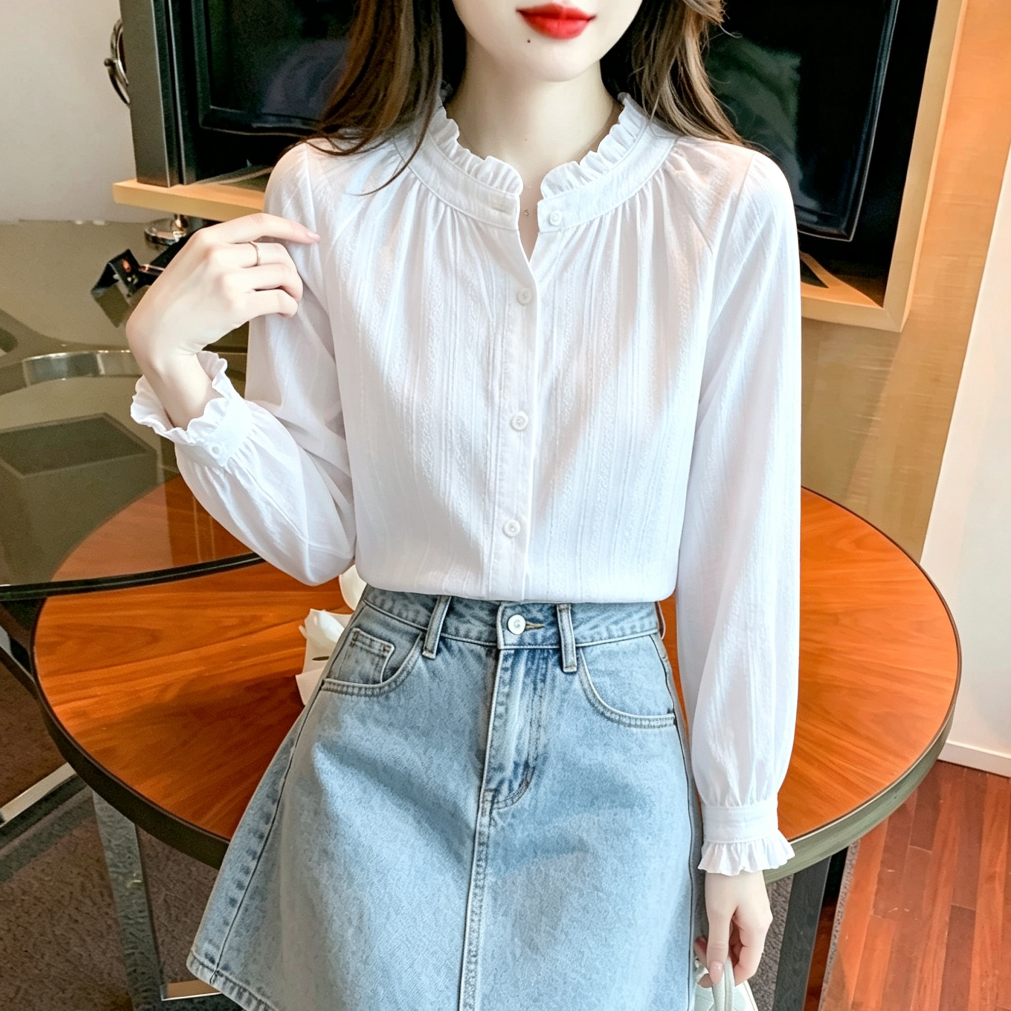 法式立领木耳边白色长袖衬衫女图片