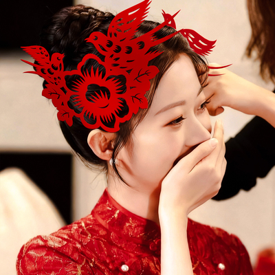 结婚中式头饰红色喜鹊喜字剪纸发饰新娘旗袍妆造晨袍配饰拍照道具